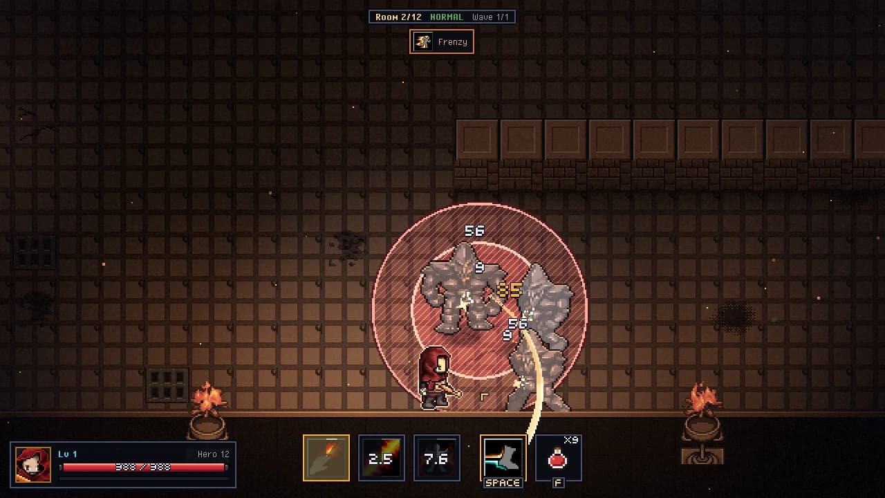 The red-hooded Knight stands still in a brown stone hall while his sword arc hits two rock golems; a red hatched circle warns of their slam, damage numbers float above them, and the health bar, skills, dash and potion sit at the bottom.