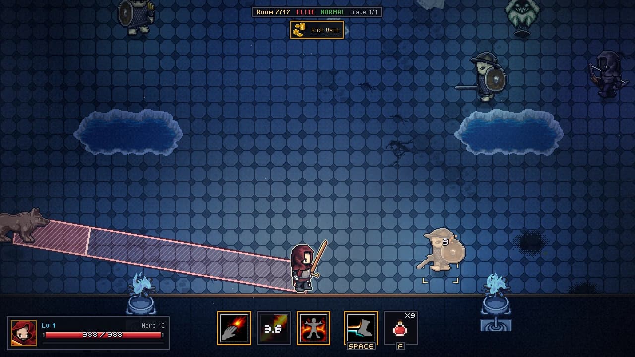 A blue-tiled elite room: a wolf at the left edge with a red lane telegraph aimed at the sword-wielding hero, skeleton soldiers with shields, two pools of water and the room modifier "Rich Vein" at the top.