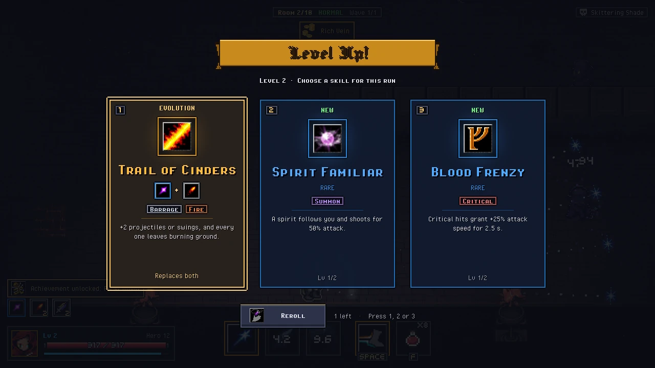 Level Up screen with three cards: the gold evolution Trail of Cinders, made from Barrage and Fire, then Spirit Familiar and Blood Frenzy, with a Reroll button below.