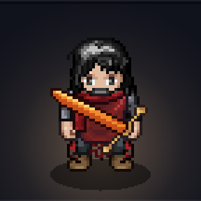 Pixel-art Knight with long dark hair and a red tabard, holding a glowing orange sword