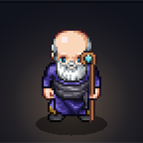 Pixel-art Mage, a bald old man with a white beard in violet robes, holding a staff tipped with a blue gem